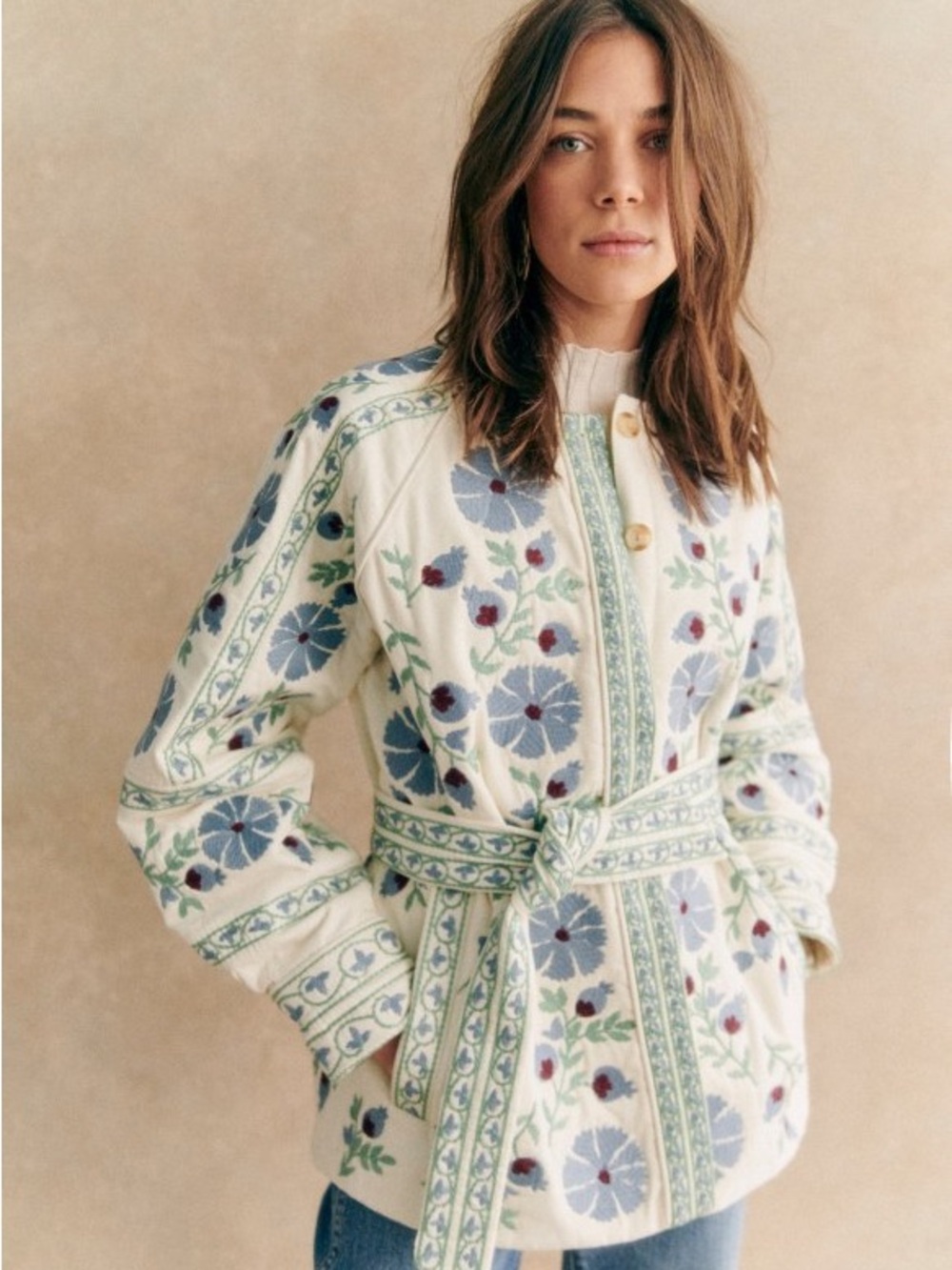 Sezane Embroidered Renato Jacket Quilted Floral Belted Cotton Cream Blue Size 36
